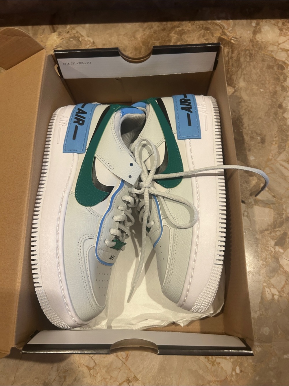 Nike AF1 shadow White Sneakers with Green Swoosh and Blue Accents women’s 8 BNIB